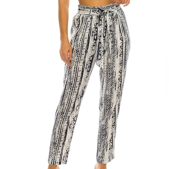 Cali1850 XS Women's Blue and White Aztec Bohemian Paper Bag Linen Pants R6 - Picture 1 of 8